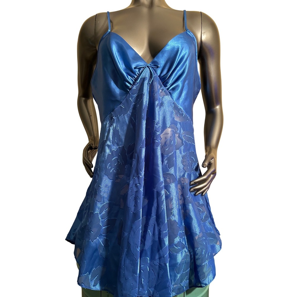 Lucie Ann II Vintage Chemise Nightie Royal Blue Floral Burnout Satin Babydoll L